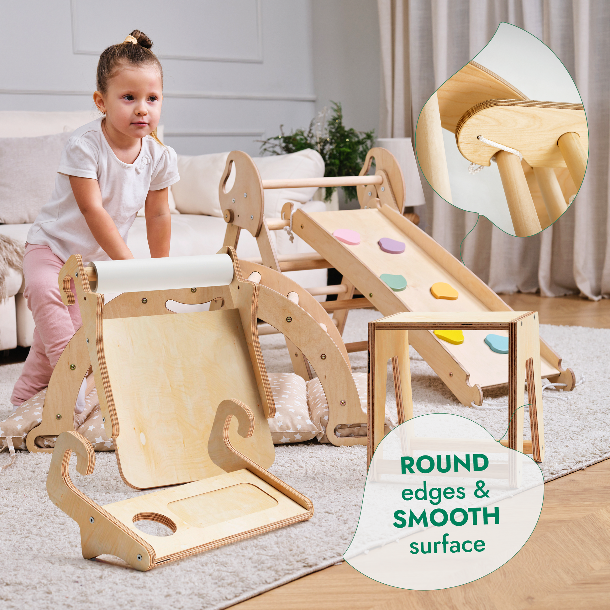5in1 Montessori Climbing Frame: Pikler Triangle + Arch + Slide Board + Art Addition + Cushion for Toddlers (1–3 Years)-1
