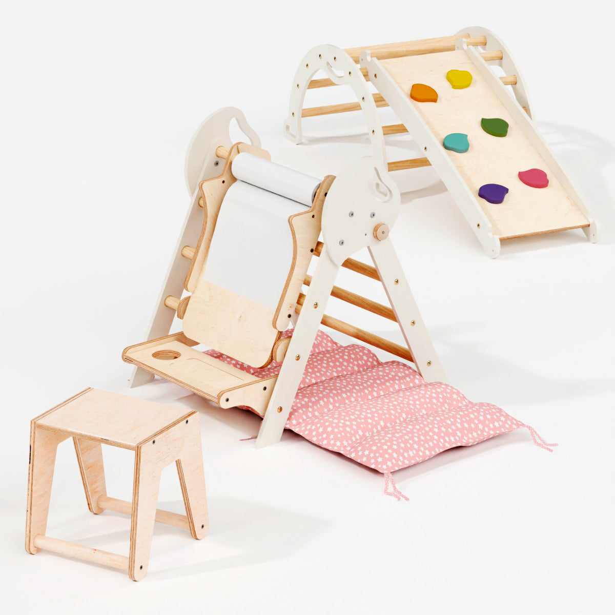 5in1 Montessori Climbing Frame: Pikler Triangle + Arch + Slide Board + Art Addition + Cushion for Toddlers (1–3 Years)-5