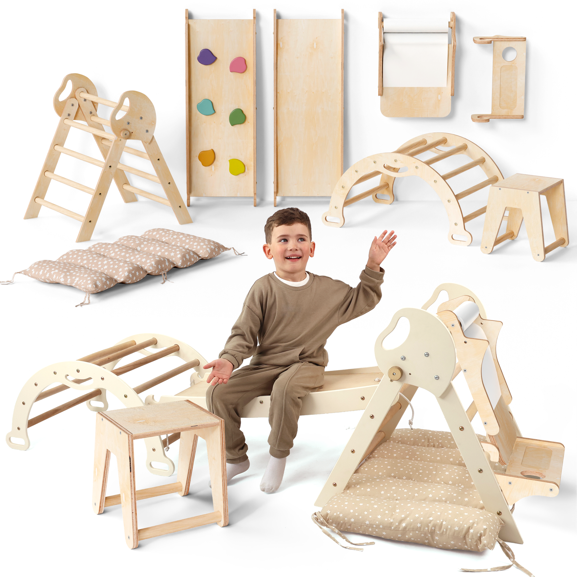 5in1 Montessori Climbing Frame: Pikler Triangle + Arch + Slide Board + Art Addition + Cushion for Toddlers (1–3 Years)-0