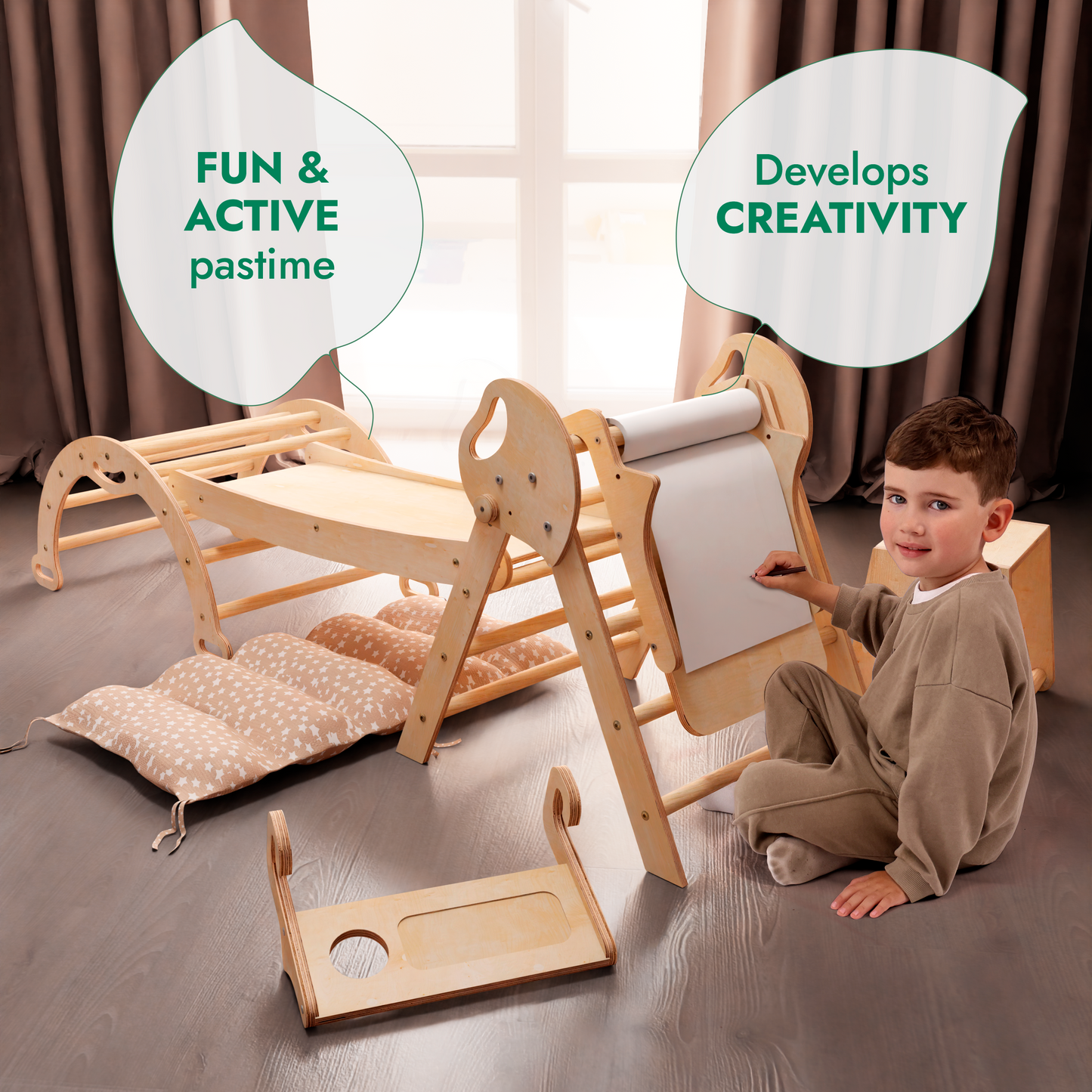 5in1 Montessori Climbing Frame: Pikler Triangle + Arch + Slide Board + Art Addition + Cushion for Toddlers (1–3 Years)-7