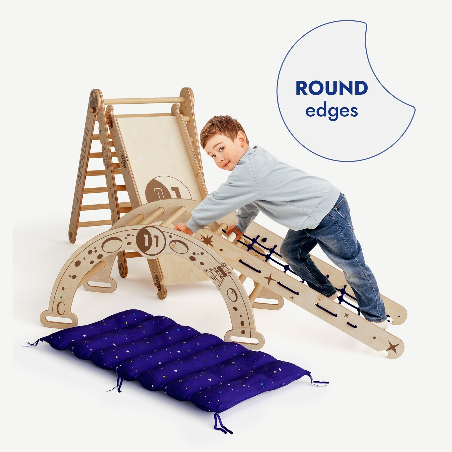 Apollo 5in1 Climbing Set: Pikler Triangle, Net, Arch, Slide Board, and Cushion for Little Astronauts-1