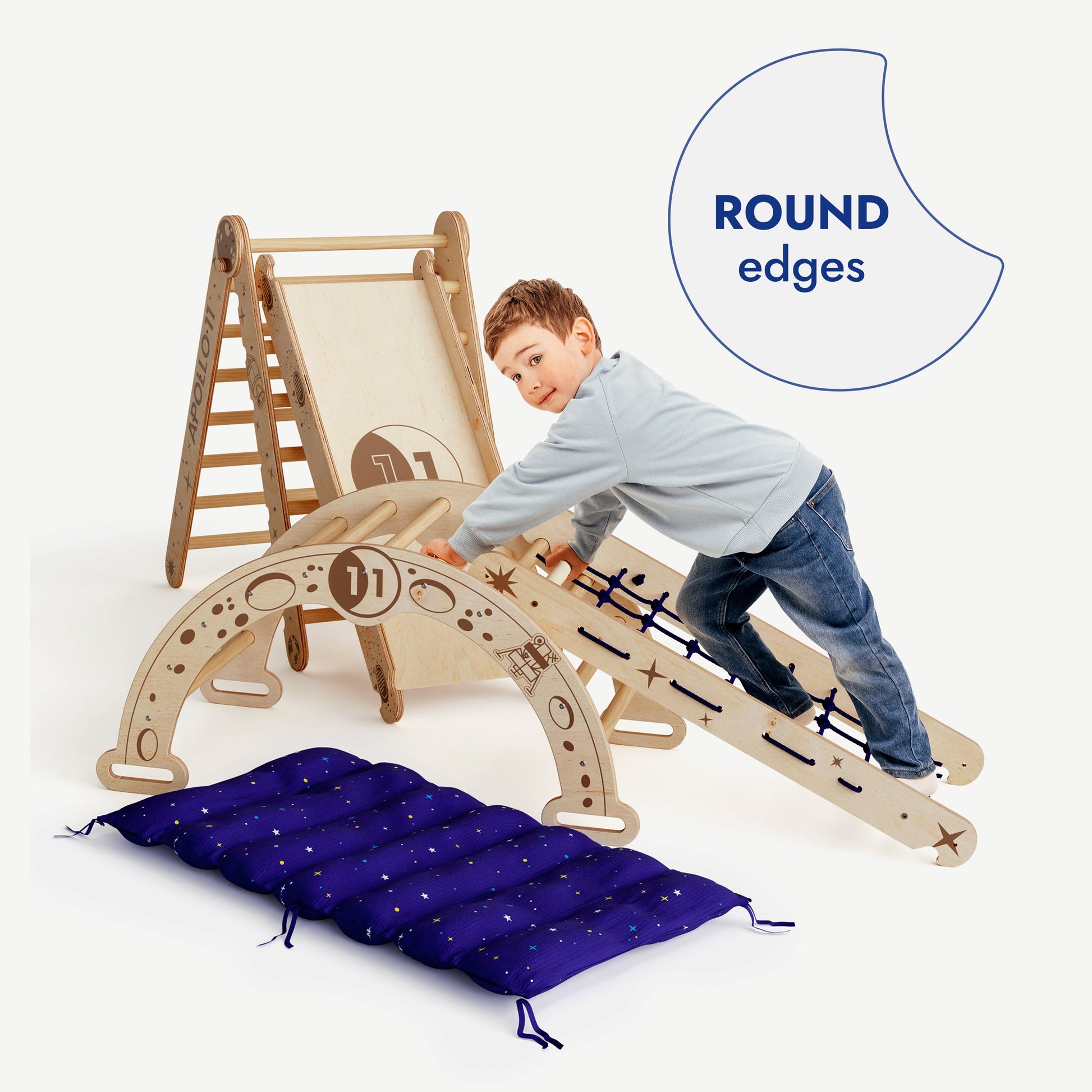 Apollo 5in1 Climbing Set: Pikler Triangle, Net, Arch, Slide Board, and Cushion for Little Astronauts-1