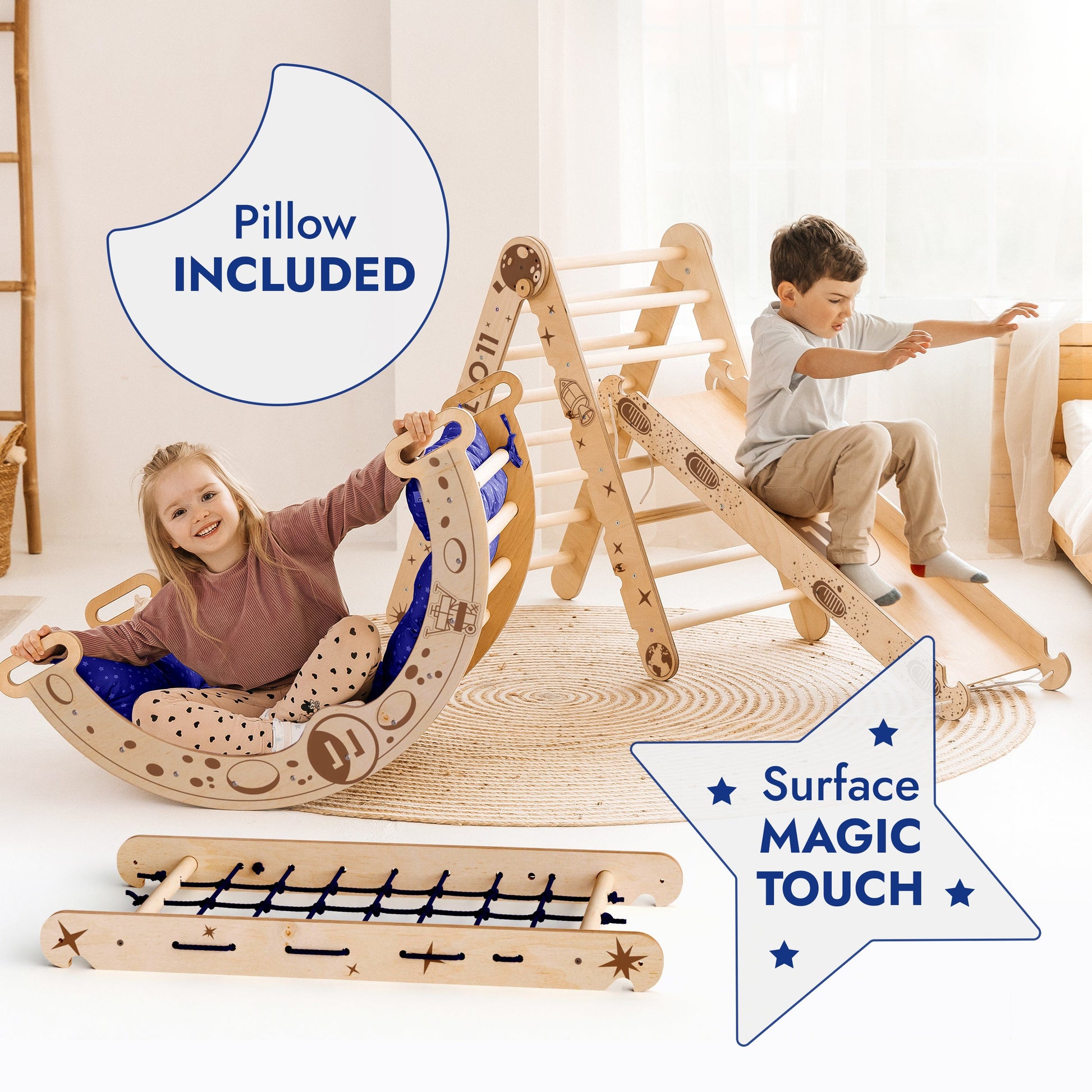 Apollo 5in1 Climbing Set: Pikler Triangle, Net, Arch, Slide Board, and Cushion for Little Astronauts-2