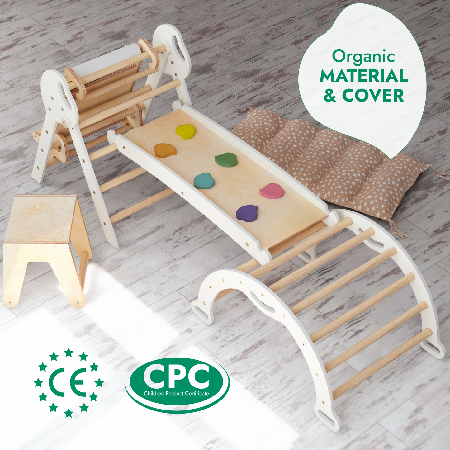 5in1 Montessori Climbing Frame: Pikler Triangle + Arch + Slide Board + Art Addition + Cushion for Toddlers (1–3 Years)-2