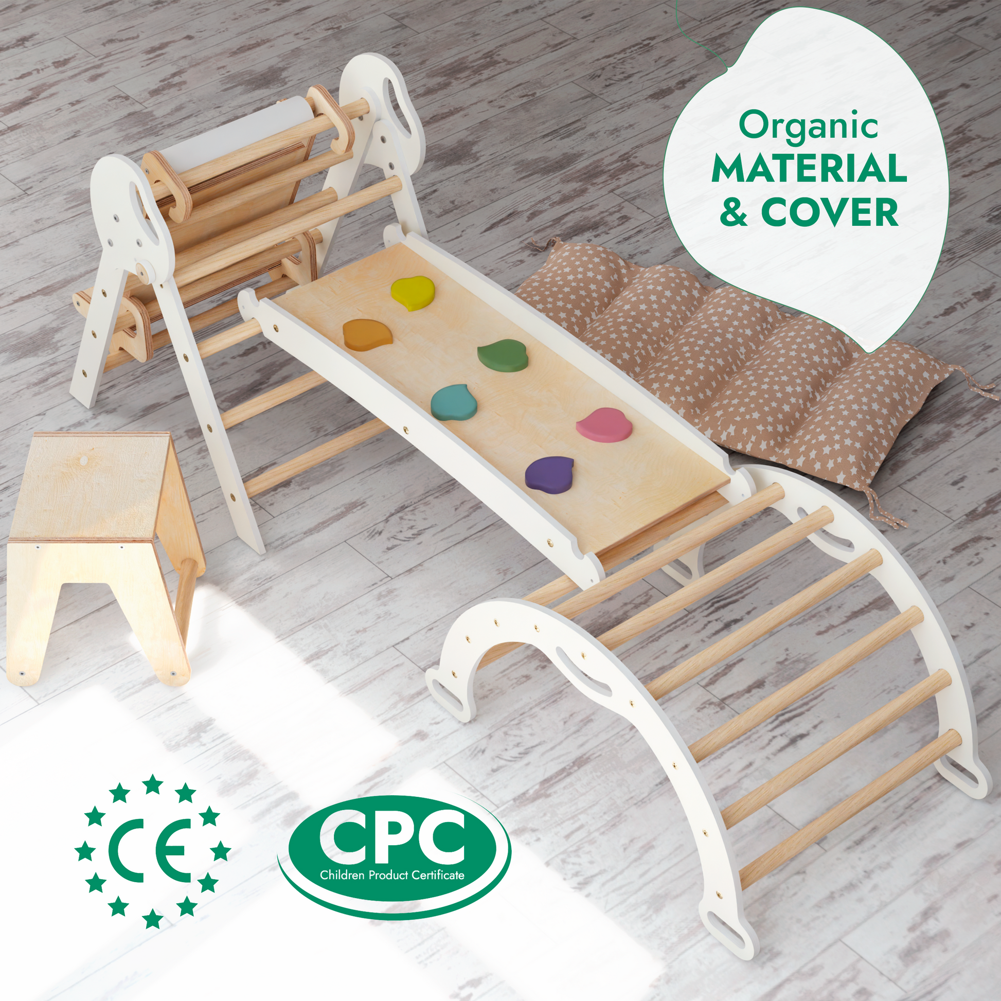 5in1 Montessori Climbing Frame: Pikler Triangle + Arch + Slide Board + Art Addition + Cushion for Toddlers (1–3 Years)-2