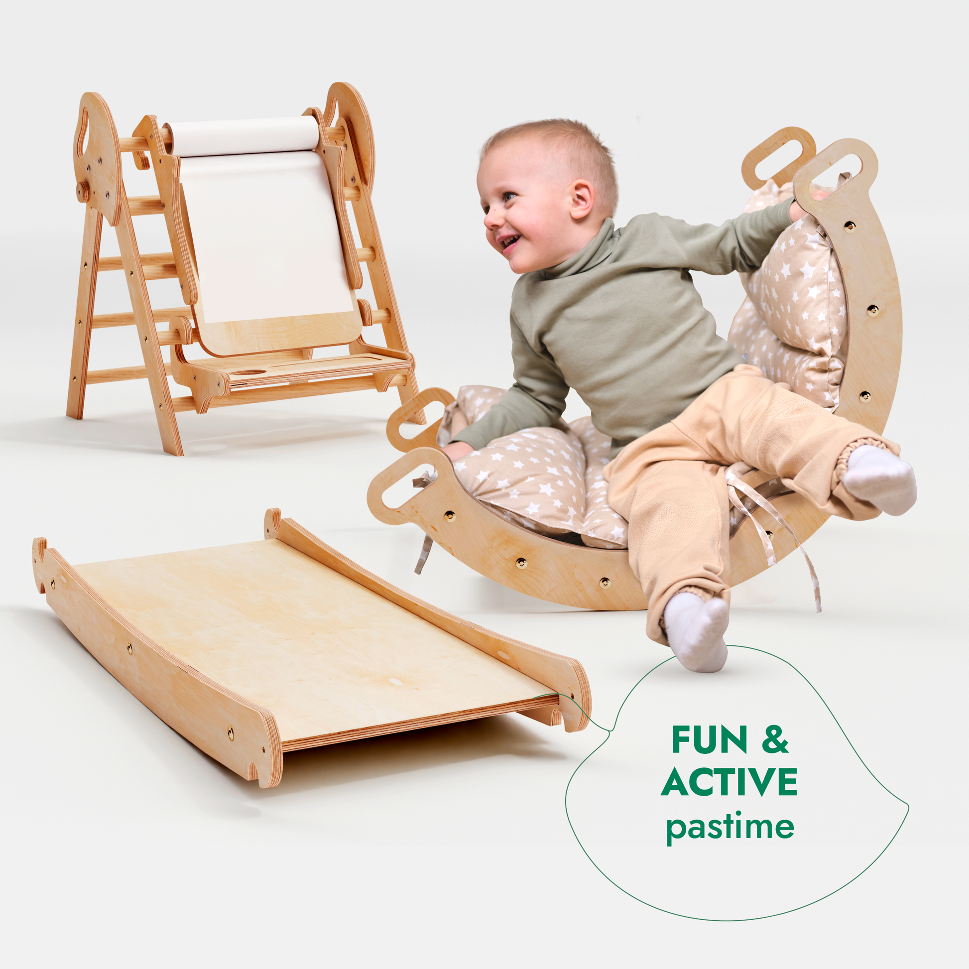 5in1 Montessori Climbing Frame: Pikler Triangle + Arch + Slide Board + Art Addition + Cushion for Toddlers (1–3 Years)-3