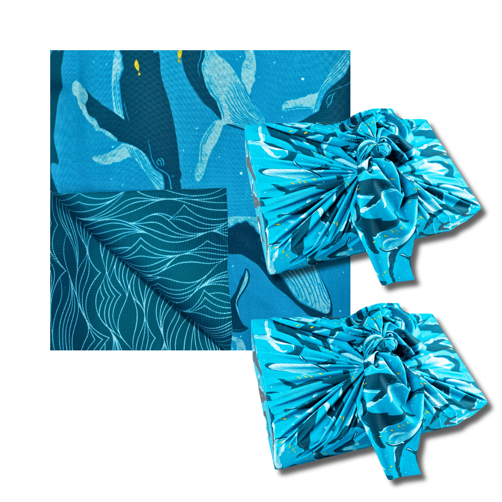 Set of 2 Large Reusable Cloth Furoshiki Gift Wrap | Whales & Waves-0