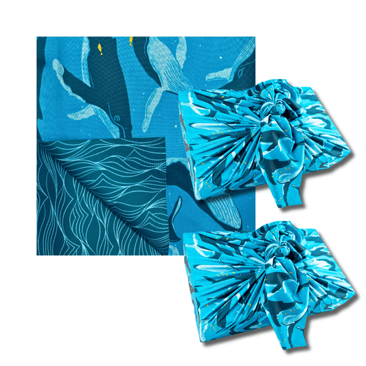 Set of 2 Large Reusable Cloth Furoshiki Gift Wrap | Whales & Waves-0