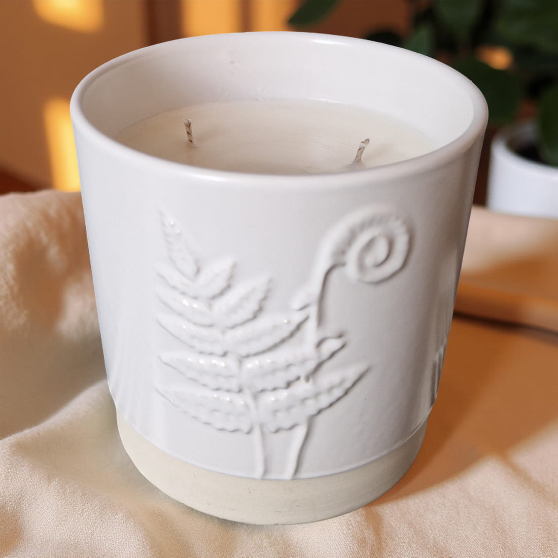 3-Wick Candle in White Ceramic Fern Pot-2