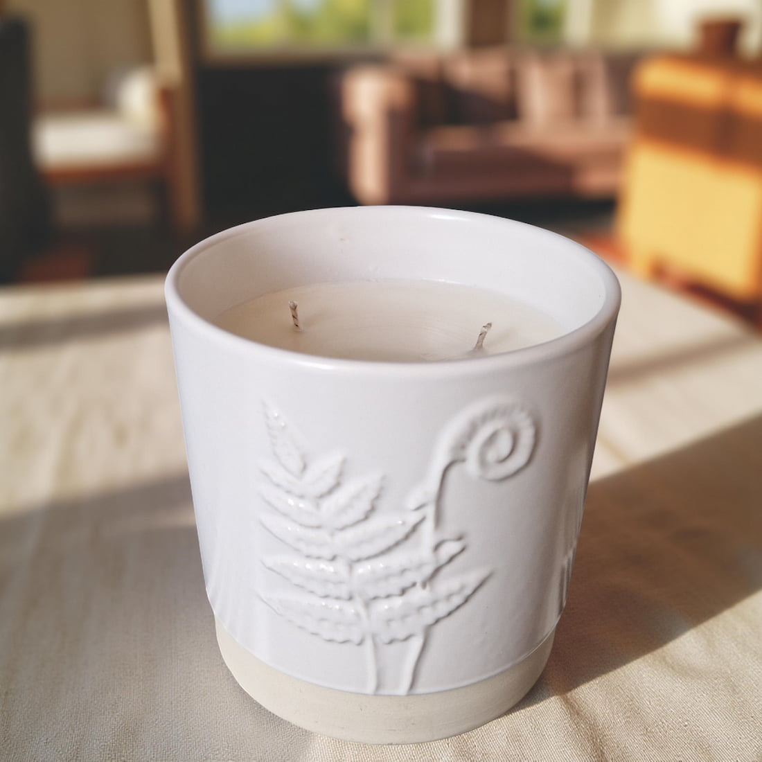 3-Wick Candle in White Ceramic Fern Pot-4