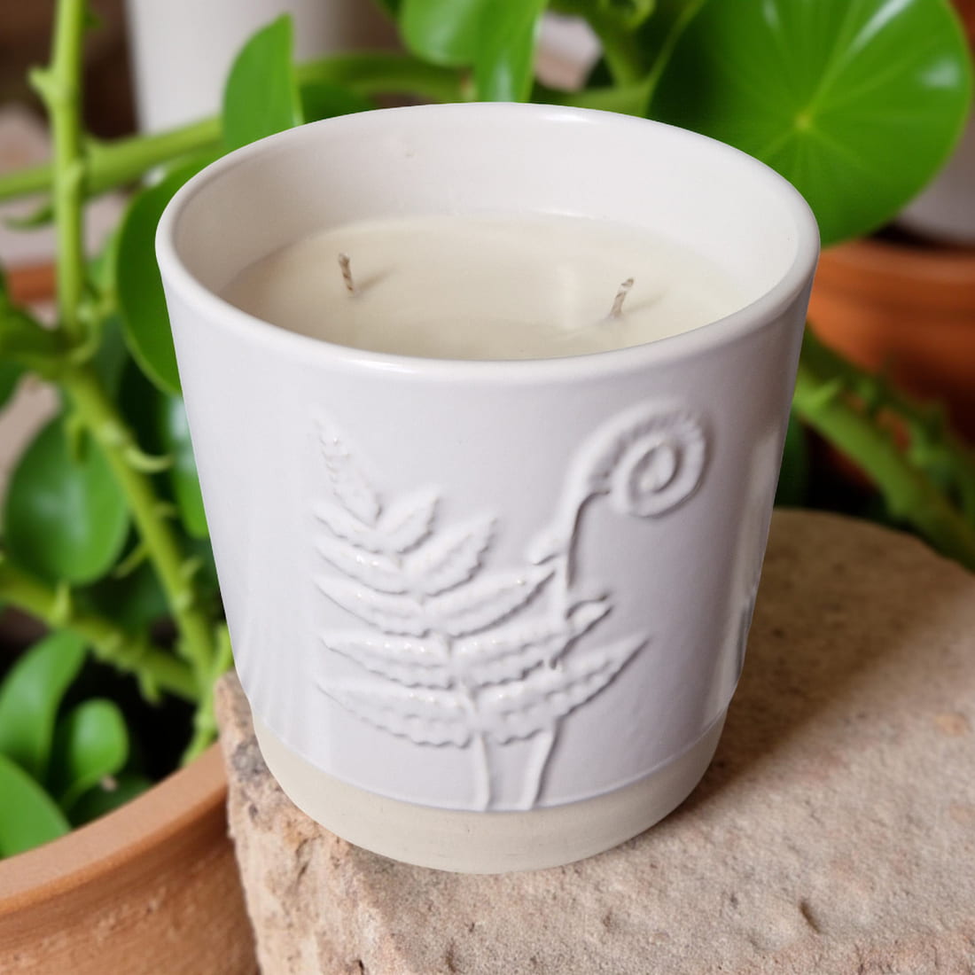 3-Wick Candle in White Ceramic Fern Pot-1
