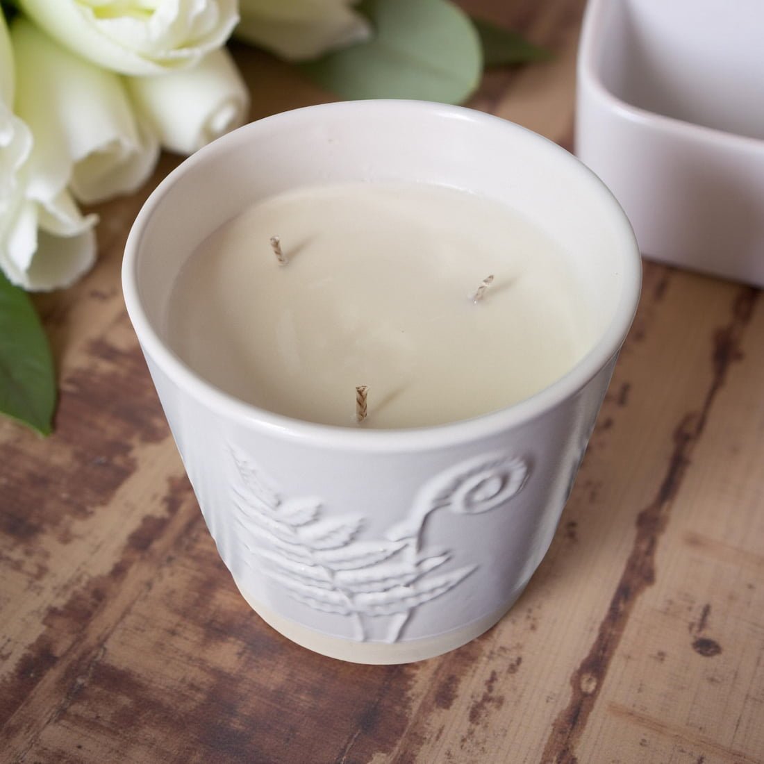 3-Wick Candle in White Ceramic Fern Pot-3