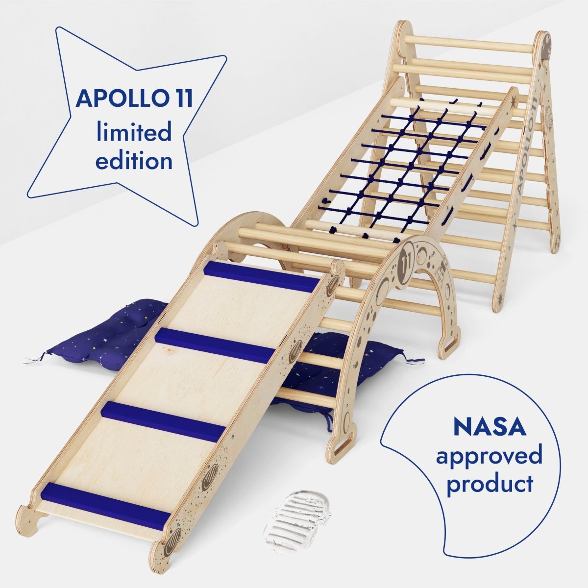 Apollo 5in1 Climbing Set: Pikler Triangle, Net, Arch, Slide Board, and Cushion for Little Astronauts-3