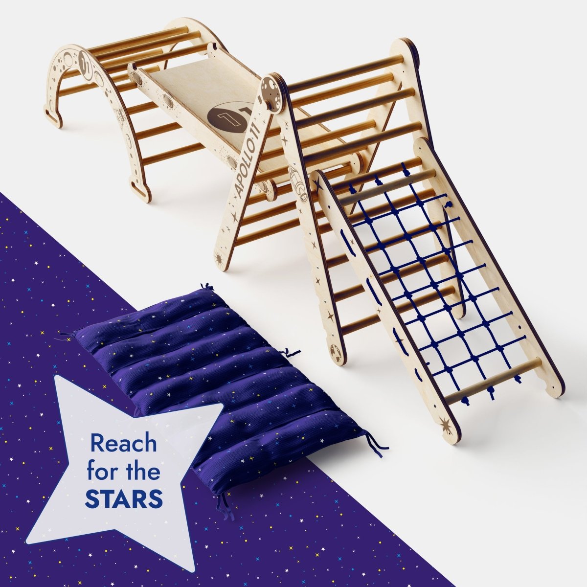 Apollo 5in1 Climbing Set: Pikler Triangle, Net, Arch, Slide Board, and Cushion for Little Astronauts-4