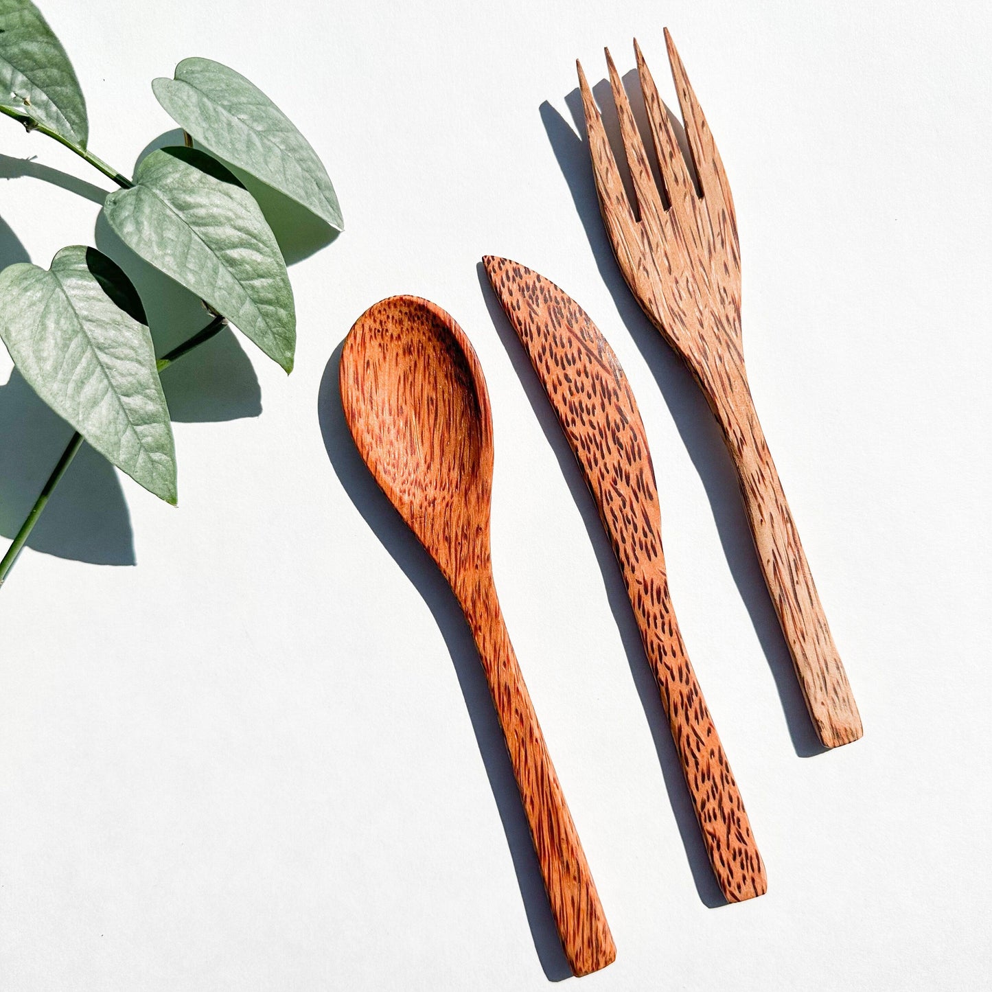 Reusable Natural Coconut Wood Cutlery set - Plastic Free Sustainable Camping Picnics Office & Lunch Box - Zero Waste Biodegradable Flatware-2