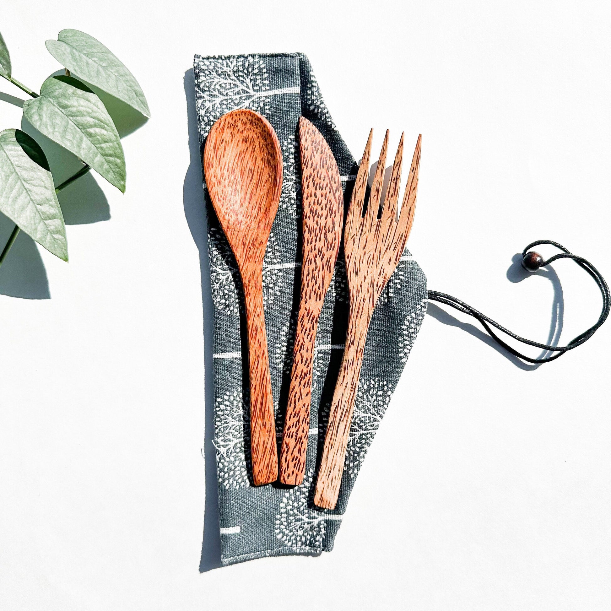 Reusable Natural Coconut Wood Cutlery set - Plastic Free Sustainable Camping Picnics Office & Lunch Box - Zero Waste Biodegradable Flatware-3